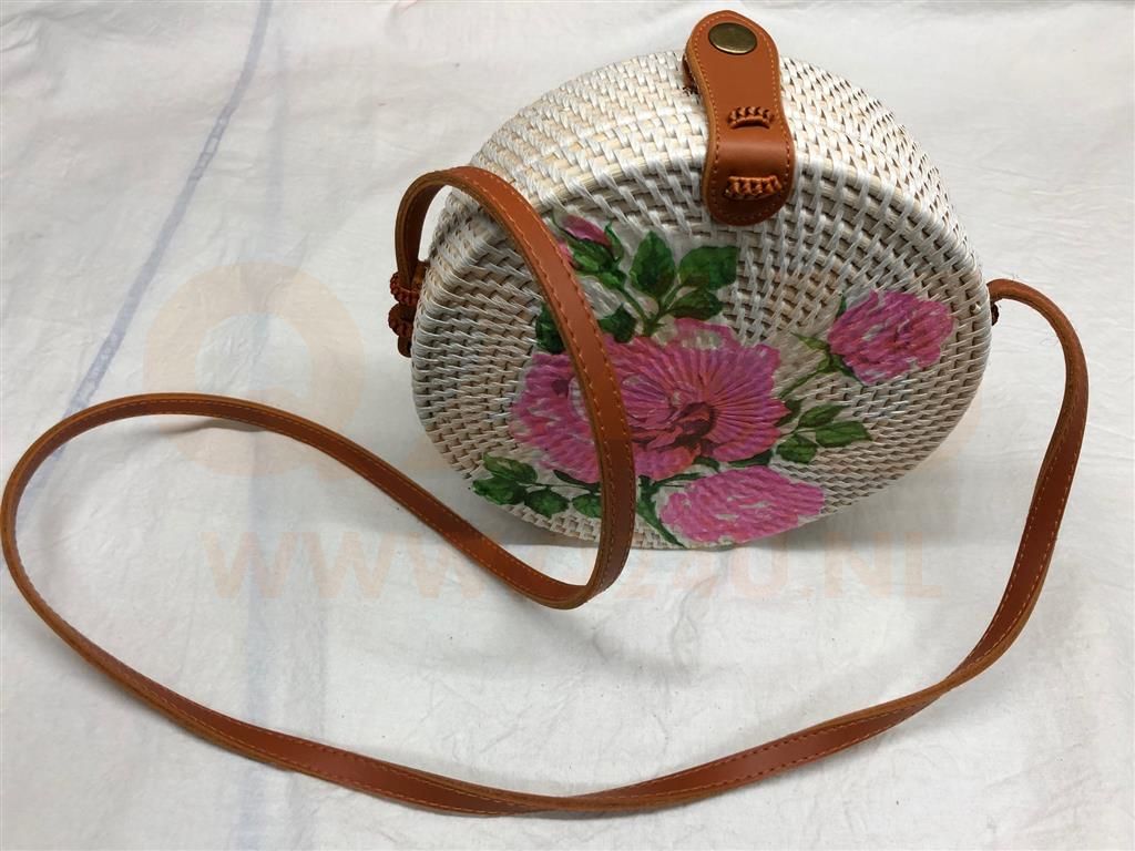 Korting4ALL Rotan damestas wit bloemen 20 cm rond met schouderband Korting4ALL
